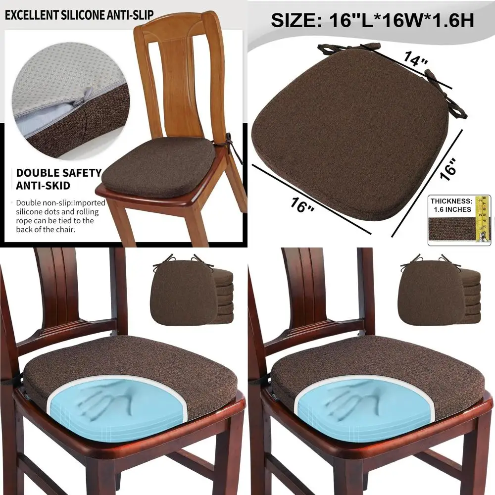 

Набор из 6 темно-коричневых подушек из пены с эффектом памяти U-образной формы для обеденных стульев, удобные подушечки для кухонных сидений со съемными нескользящими подушками