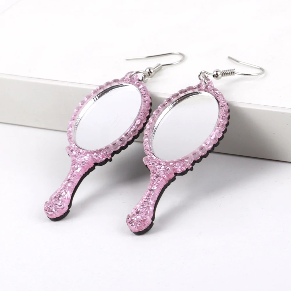 2024 Pink Glitter Acrylic Magic Mirror Women's Earrings Personalized Mini Makeup Mirror Dangle Drop Earring Statement Jewelry