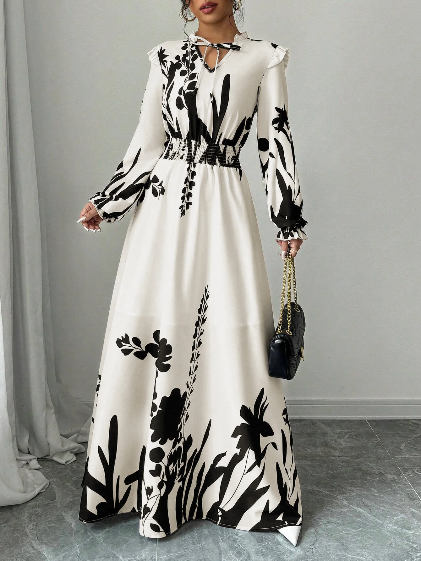 فستان نسائي مطبوع بأكمام طويلة ورقبة ربطة عنق، زي نسائي طويل أنيق مناسب لملابس الخريف والشتاء. #4