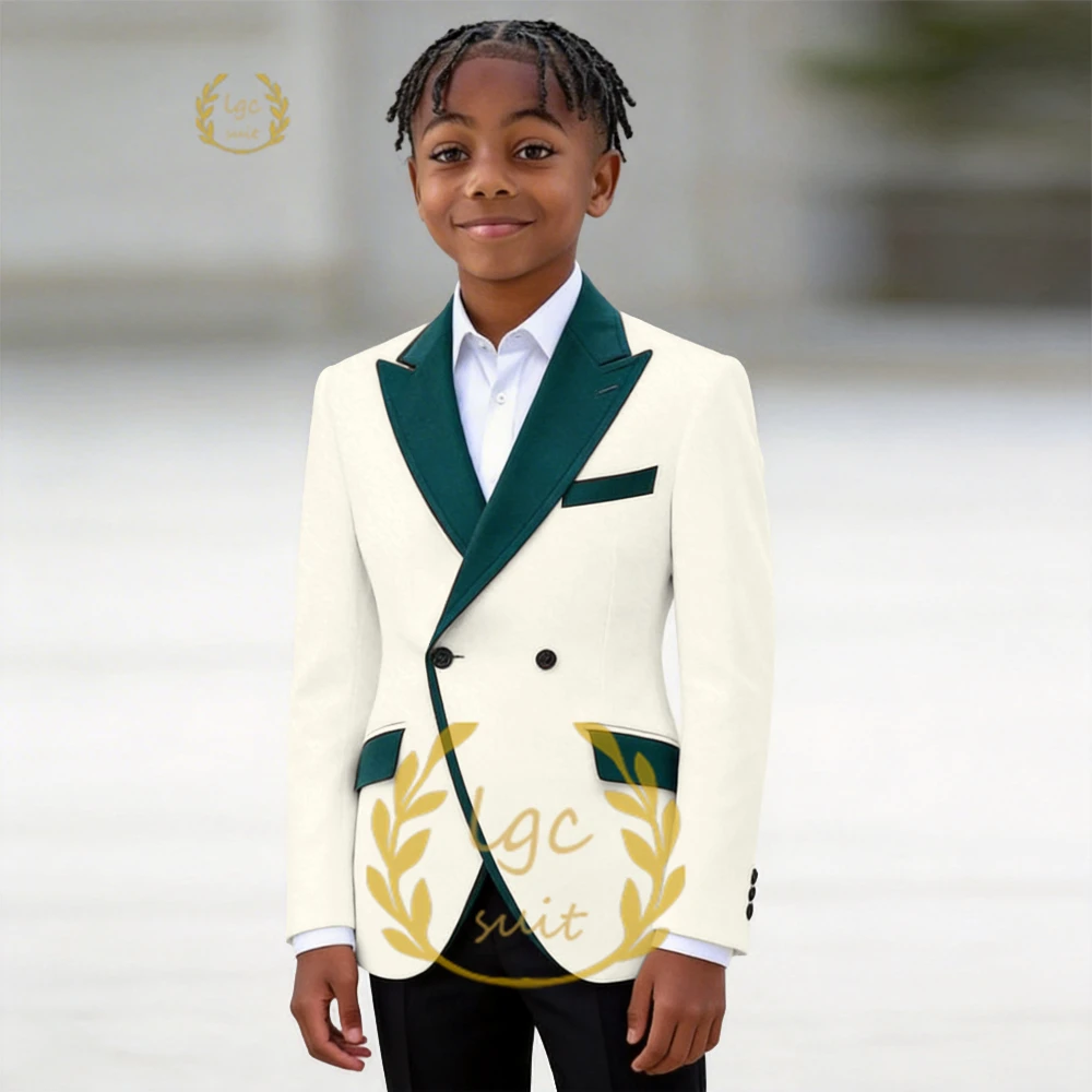 

Boys' Custom 2-Piece Double Breasted Suit, Peak Lapel Contrast Green Blazer & Tailored Trousers for Weddings & Ceremonies