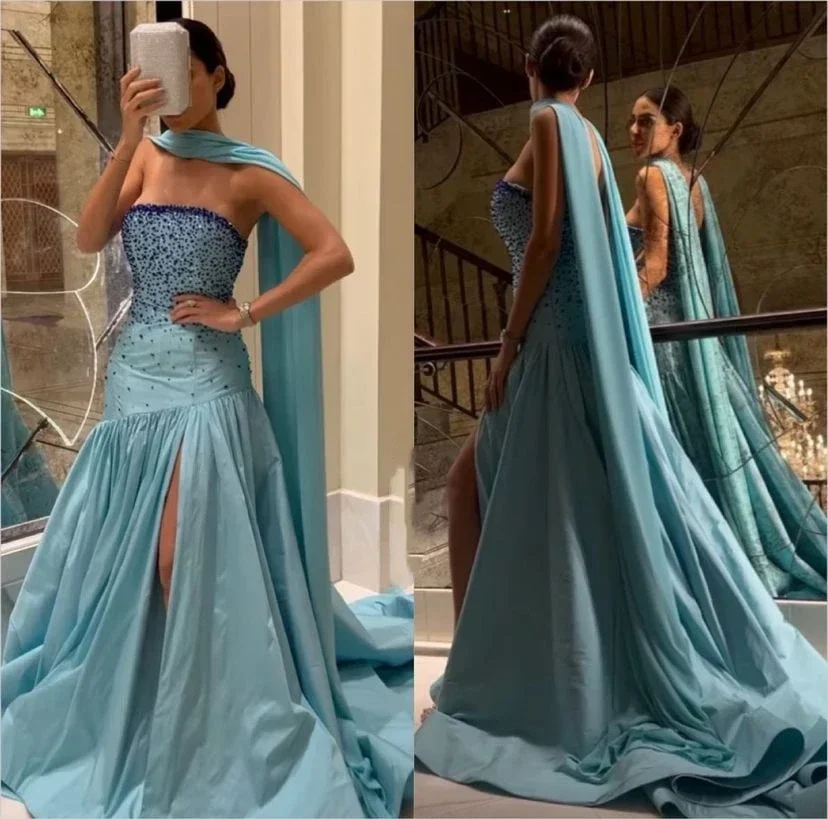 Customized Sexy Strapless Beaded Evening Dress Elegent Luxury High Side Split Wedding Party Dress Saudi Arabia Women‘s Formal