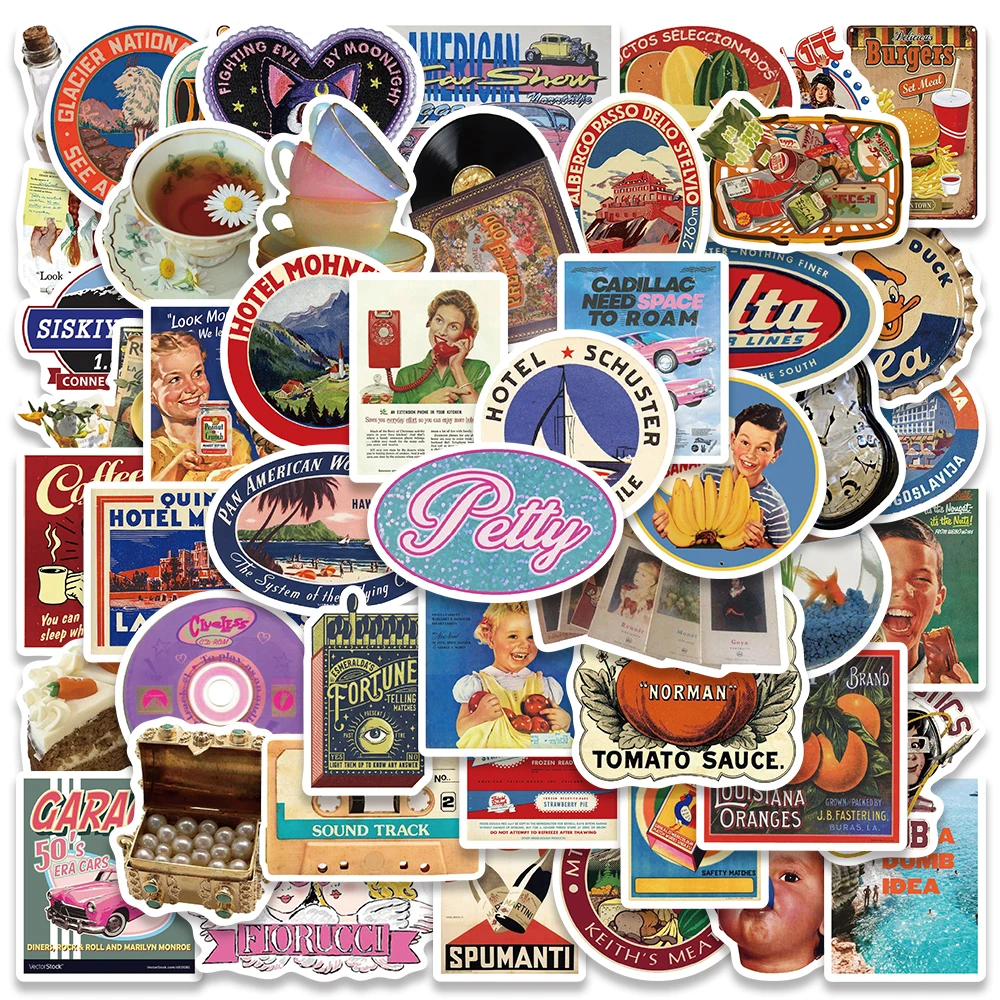 

50pcs Retro Graffiti Sticker Creative Funny Decal For Scrapbook Guitar Skateboard Envelope Label Decal Sticker PVC HD Printing