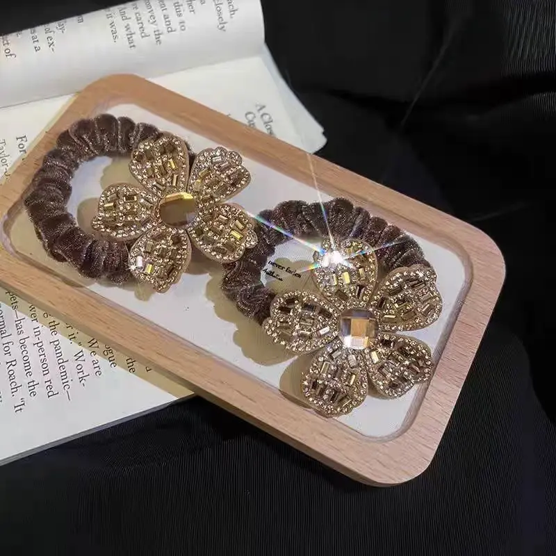 High-End Light Luxury Sparkling Diamond Flower Hair Tie for Women, Ponytail Holder, High Elasticity, Durable Rubber Band, Gold H