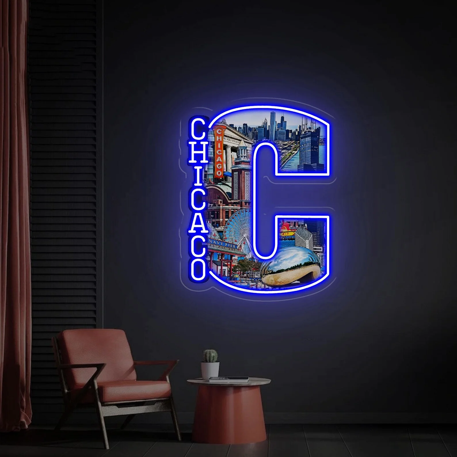 Chicago C Neon Sign,Chicago City Skyline Neon Sign,Modern Cityscape Wall Decor,Iconic Landmarks Wall Decor,Man Cave Decor