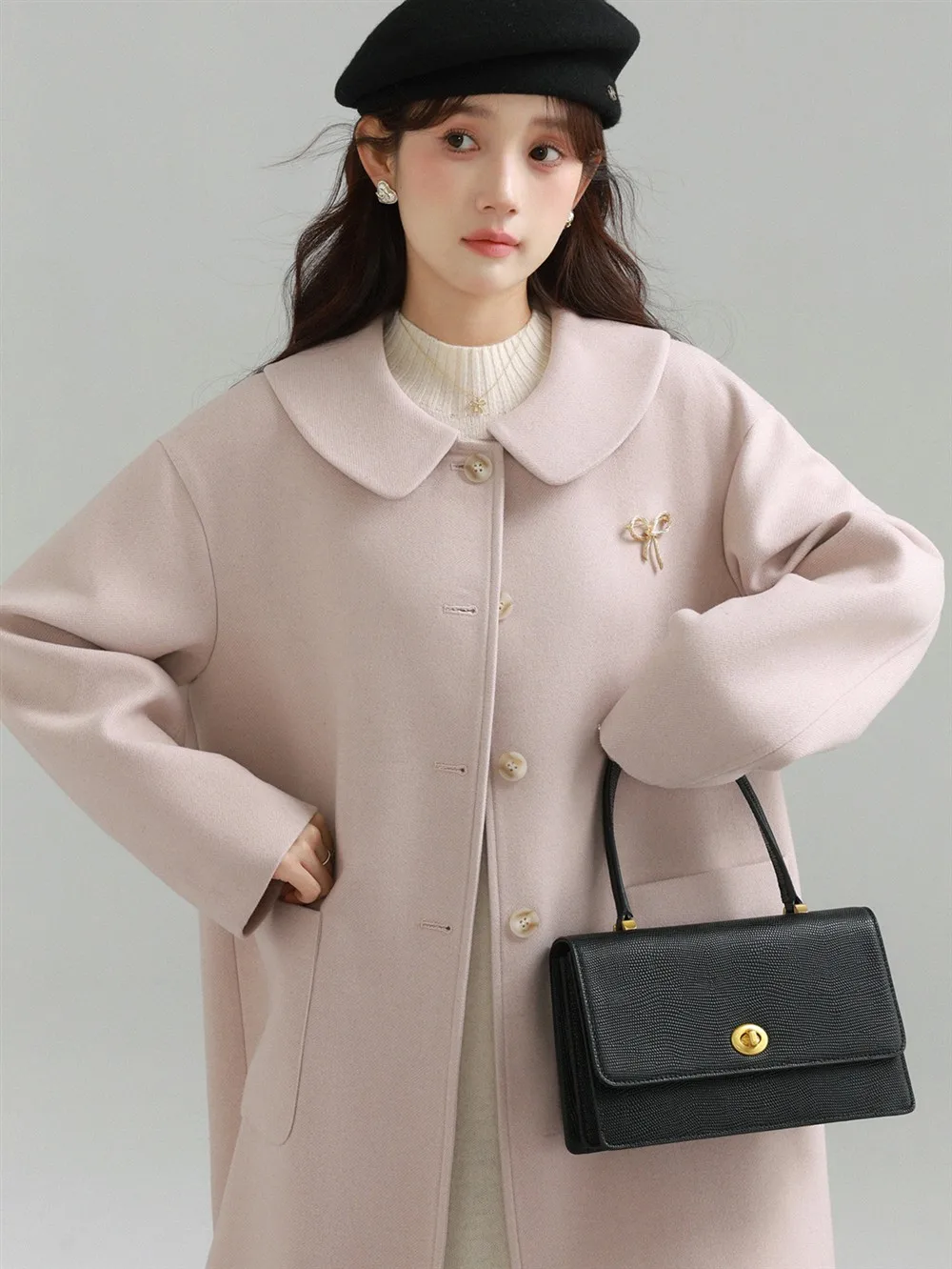 Cute Bow-Collar Wool-Like Coat Women Lady Loose Warm Winter Overcoat Soft Cozy Oversized Outerwear for Sweet Daily Fashion Looks