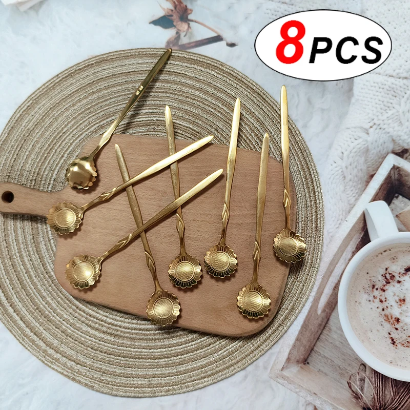 

8pcs Stainless Steel Gold Scoop Coffee Spoon Gifts Accessories Tableware Decoration Set Kitchen Sunflower Shape Dessert Teaspoon