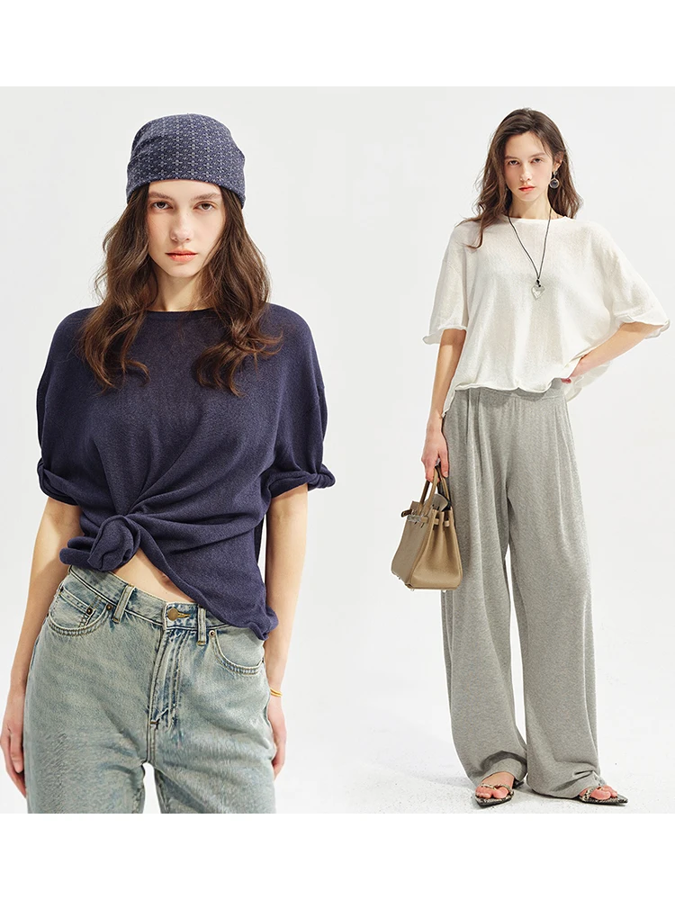 OWNSONG Gentle Blossom Design Knitted Loose Short Sleeve T-Shirt Women's Thin Cotton Blend Casual round Neck Top