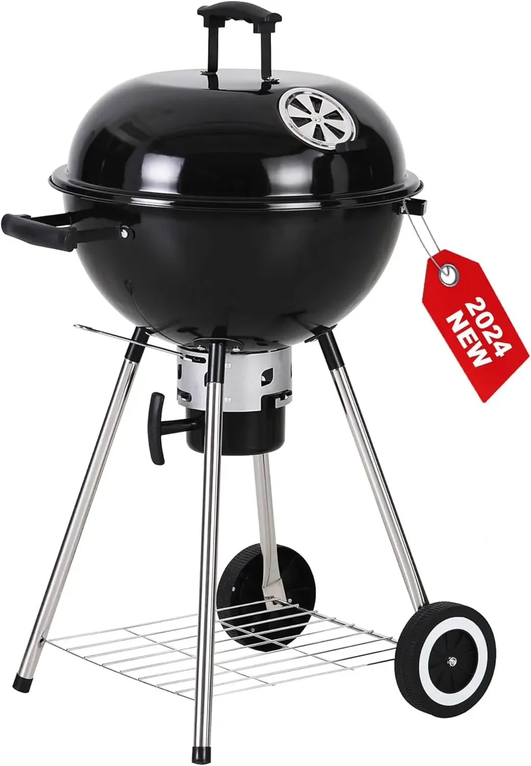 GREEN PARTY 18 Inch Kettle Portable Charcoal BBQ Grill with Wheels Porcelain-Enameled Lid Ash Catcher Barbecue Outdoor Cooking