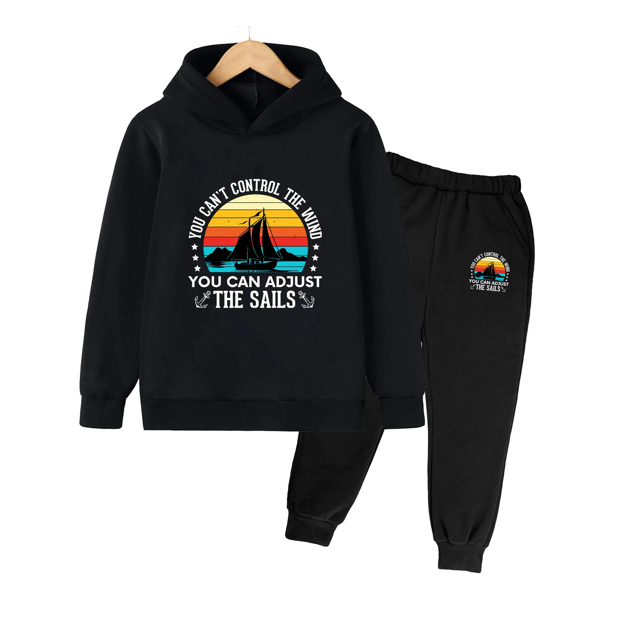 Kids Sailboat Print Hoodie & Sweatpants Set, Casual Long Sleeve Outfit for Boys Girls, Outdoor Daily Wear