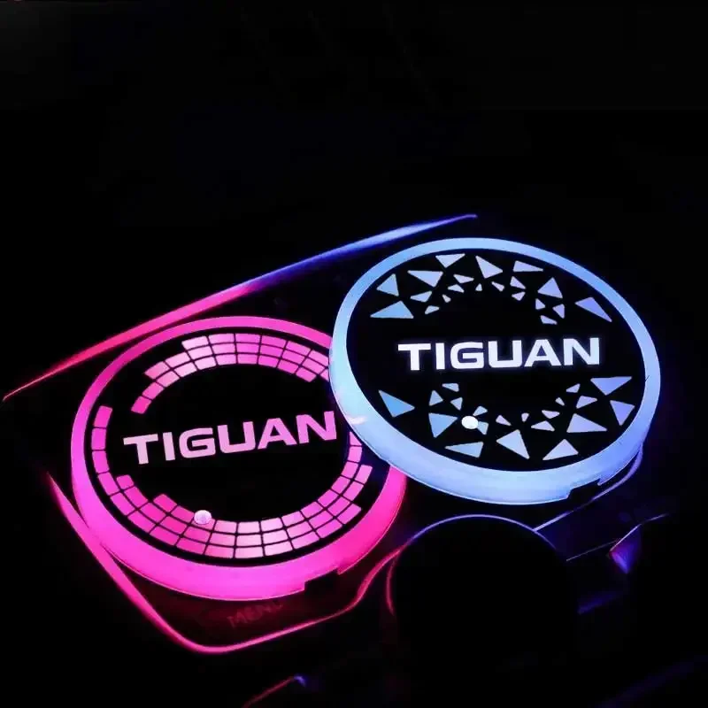 Car Drinks Holders 7 Colorful LED Cup Mat Pad for TIGUAN Logo USB Charging Intelligent Water Coaster Decor Light Accessories