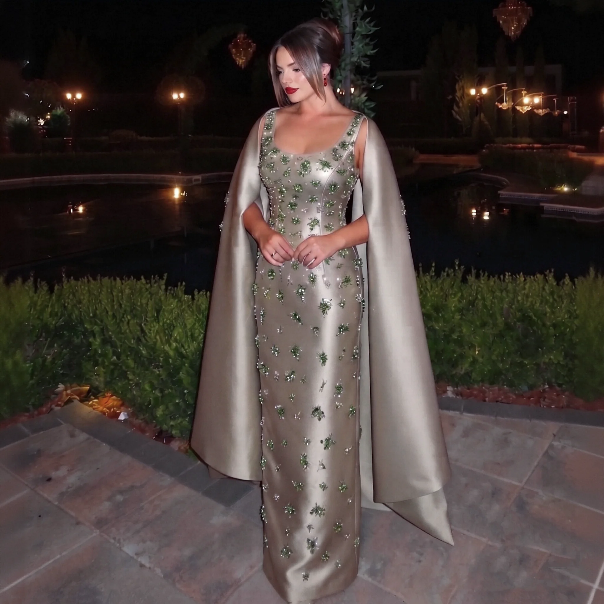 Sharon Said Evening Dresses Luxurious Sheath Spaghetti Straps Satin Crystals Dubai Formal Party Gowns with Cape SS536 Customized
