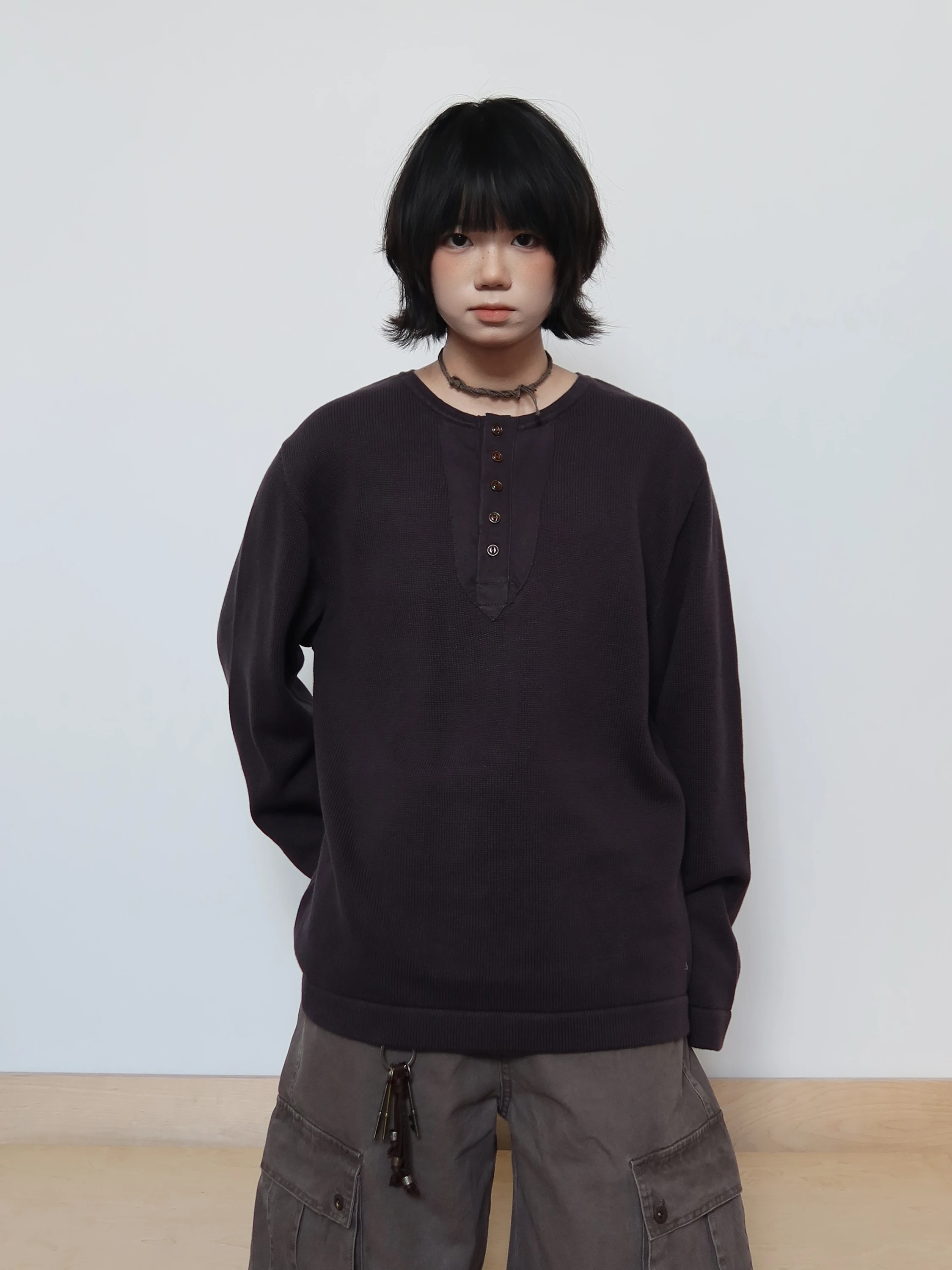 

Retro Henry Collar Knitted Sweater Pure Cotton Casual Long Sleeve Men's Winter Top Loose Fit Shoulder Width Regular Length