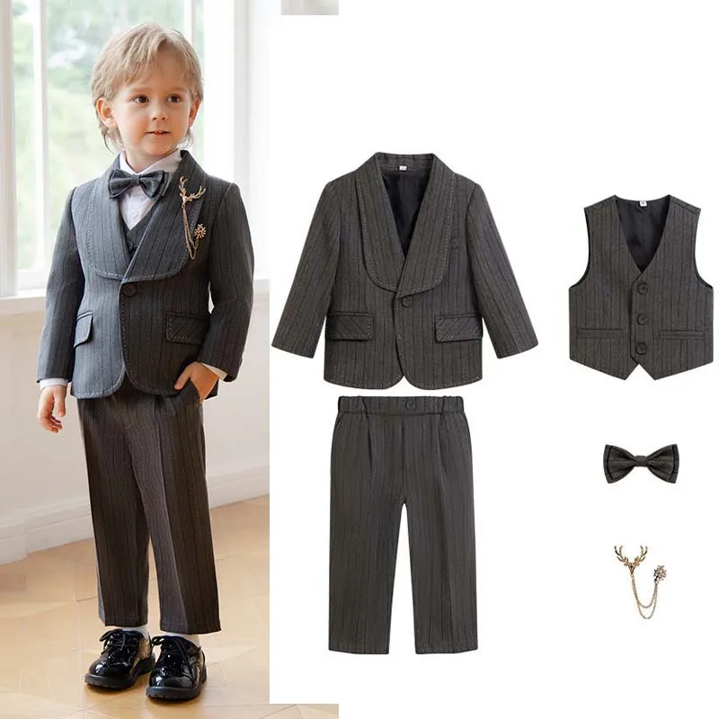 

Children Khaki Gary Jacket Vest Pants Bowtie Necklace 5PCS Luxurious Birthday Dress Flower Boys Photograph Suit Kids Wedding Set