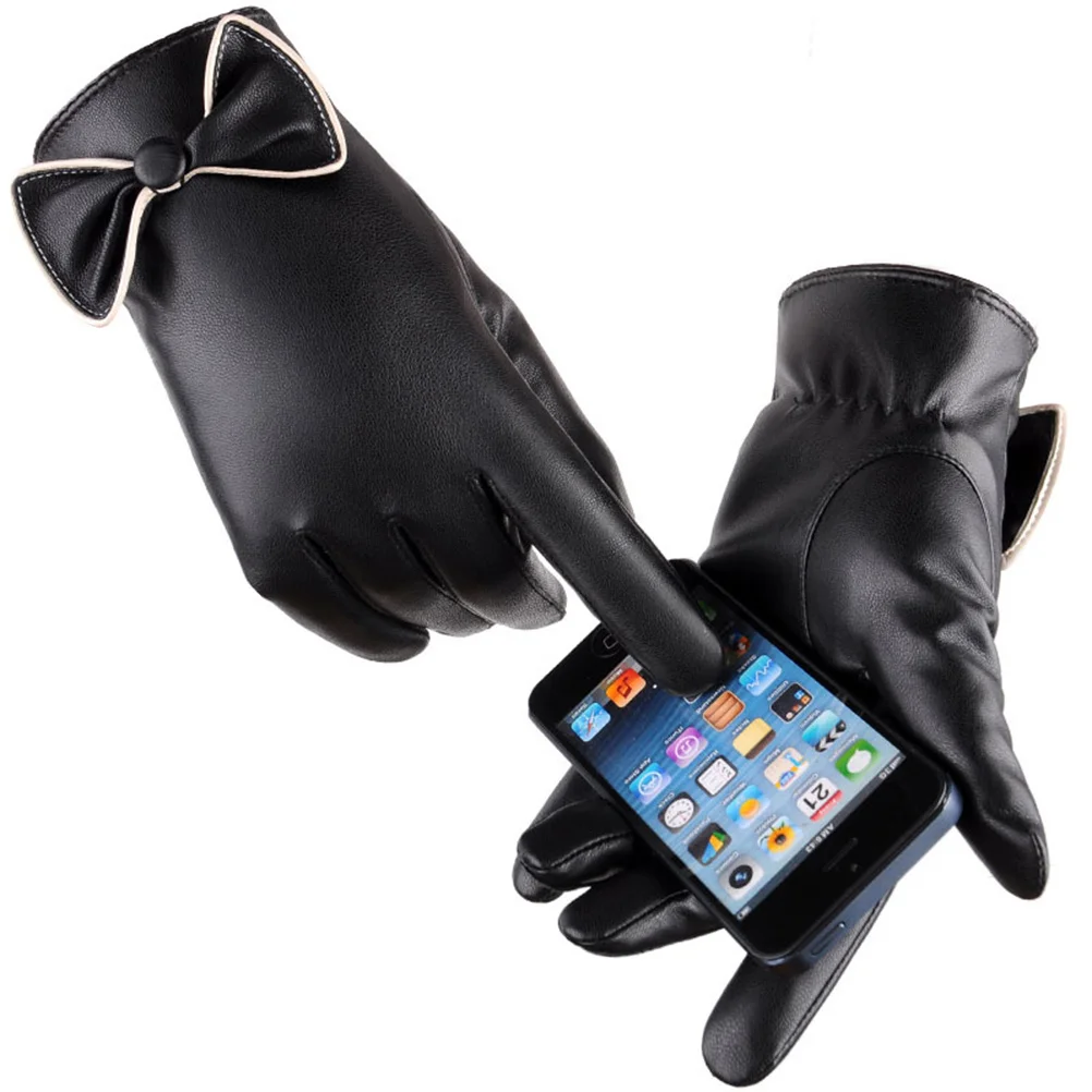 1Pair Women Winter Gloves Thicken Warm Windproof PU Touch Screen Bowknot Decor Business Casual Free Size Black