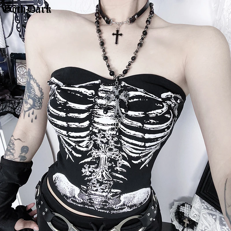 

Goth Dark Fashion Printed Skull Strapless Cropped Top for Women Mall Gothic Summer Sexy Backless Graphic Tube Tops Streetwear