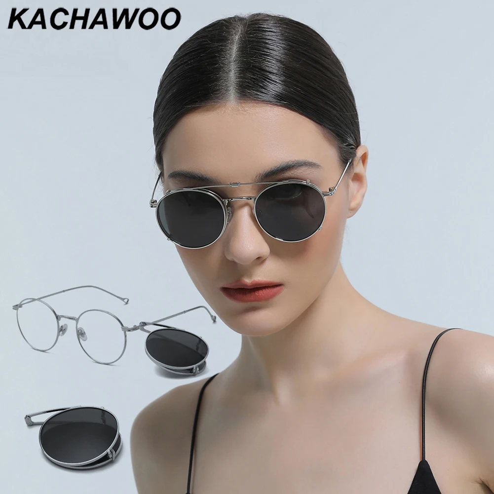 Kachawoo polarized sunglasses round frame men women metal sun glasses retro fip up eyeglasses gold brown black birthday gifts