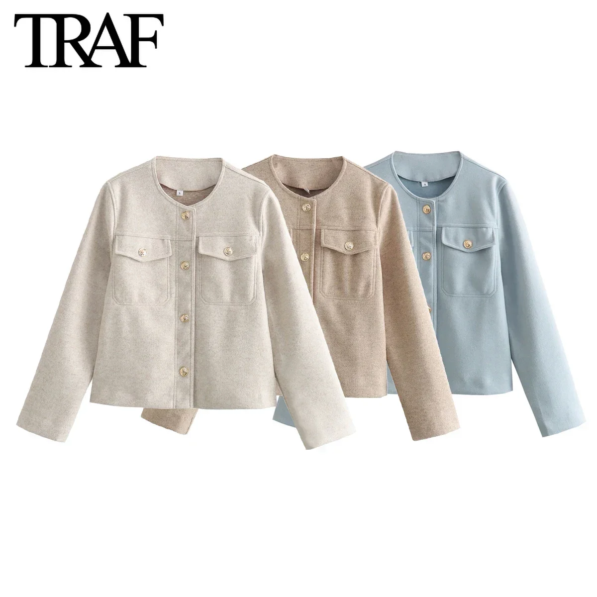 TRAF Women Fashion Spring New Flip Pocket Single-breasted Crewneck Jacket Tweed Short Coats Chic Ladies Tops Mujer