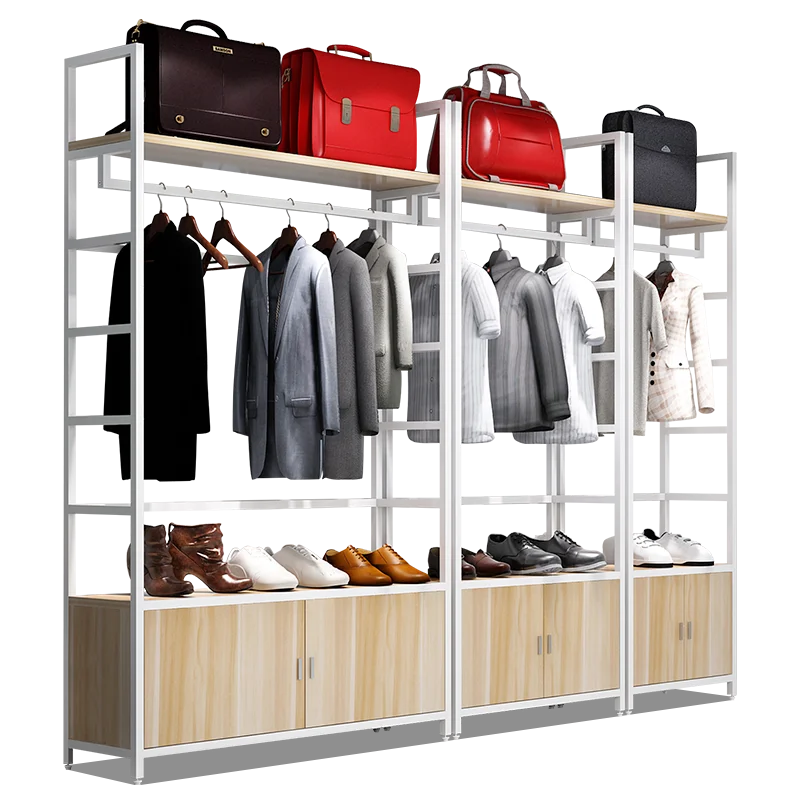 

Custom , Wood Boutique Hanging Clothing Display Racks with Shelves for Cloth Shops