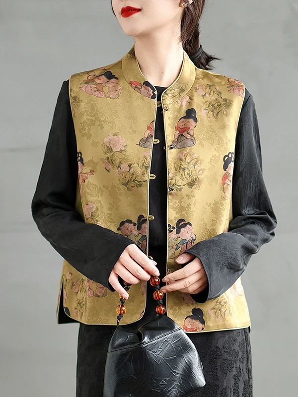 

Retro Satin Embroidered Vest Short Jacket Women's Fashionable Two-Sided Wear Sleeveless Shoulder Pad Top Spring 2026