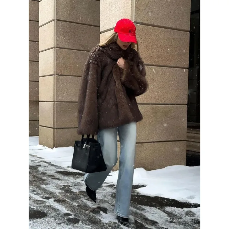 Women's Winter Tops Coat Faux Fur Flip Lapel Warm Thickened Vintage Simple Comfortable Loose Leisure Soft Niche Versatile Skinny