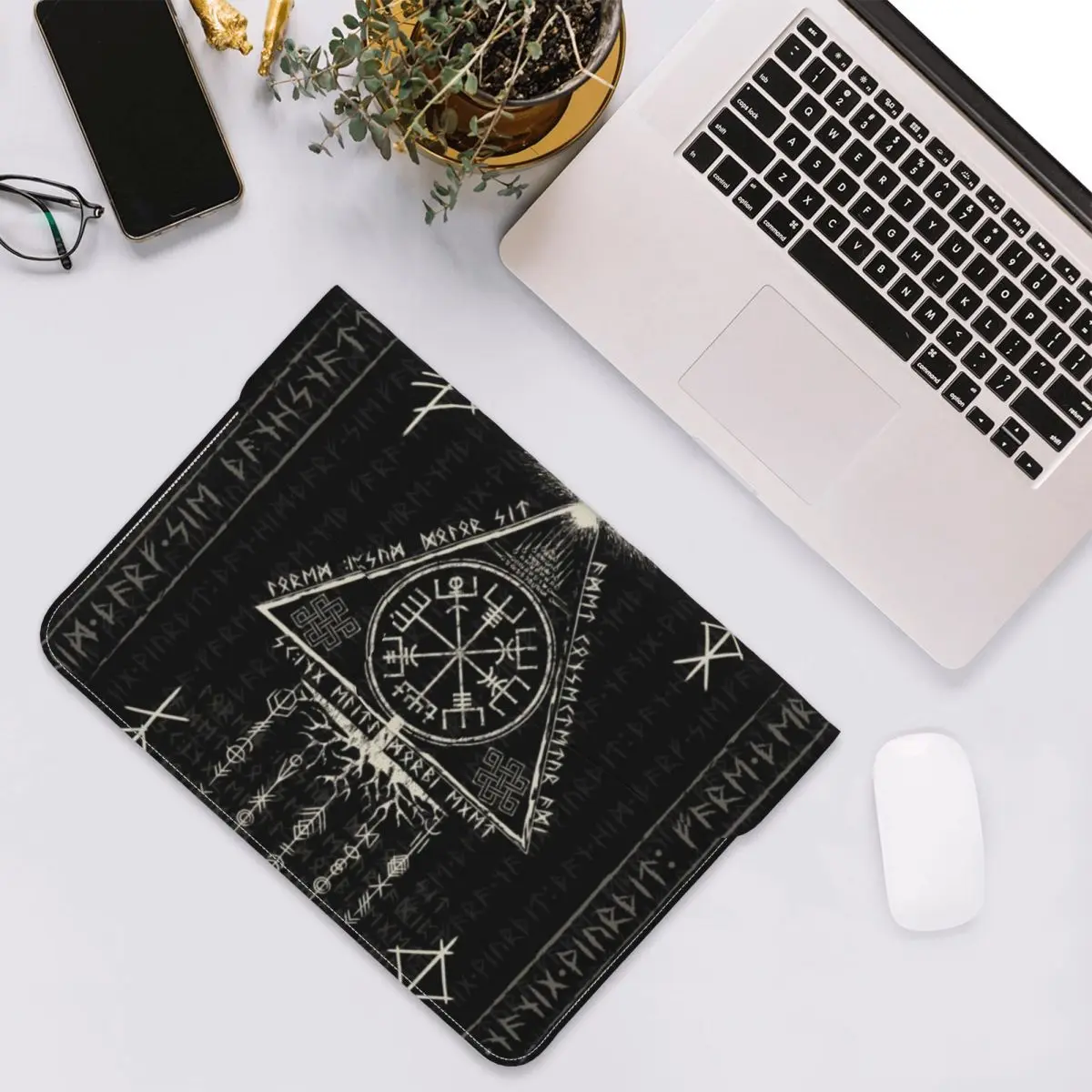 Viking Rune Triangle Design And Norse Symbols PU Leather Horizontal Laptop Sleeve Shockproof Soft Lining Notebook Case 13 Inch