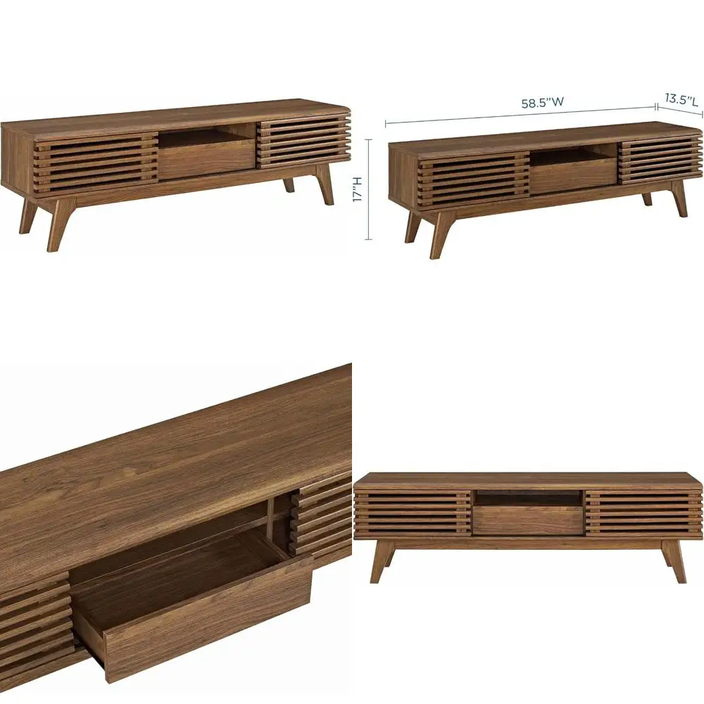 Mid-Century Modern Walnut 59 Inch Low Profile TV Stand for Stylish Living Room Entertainment