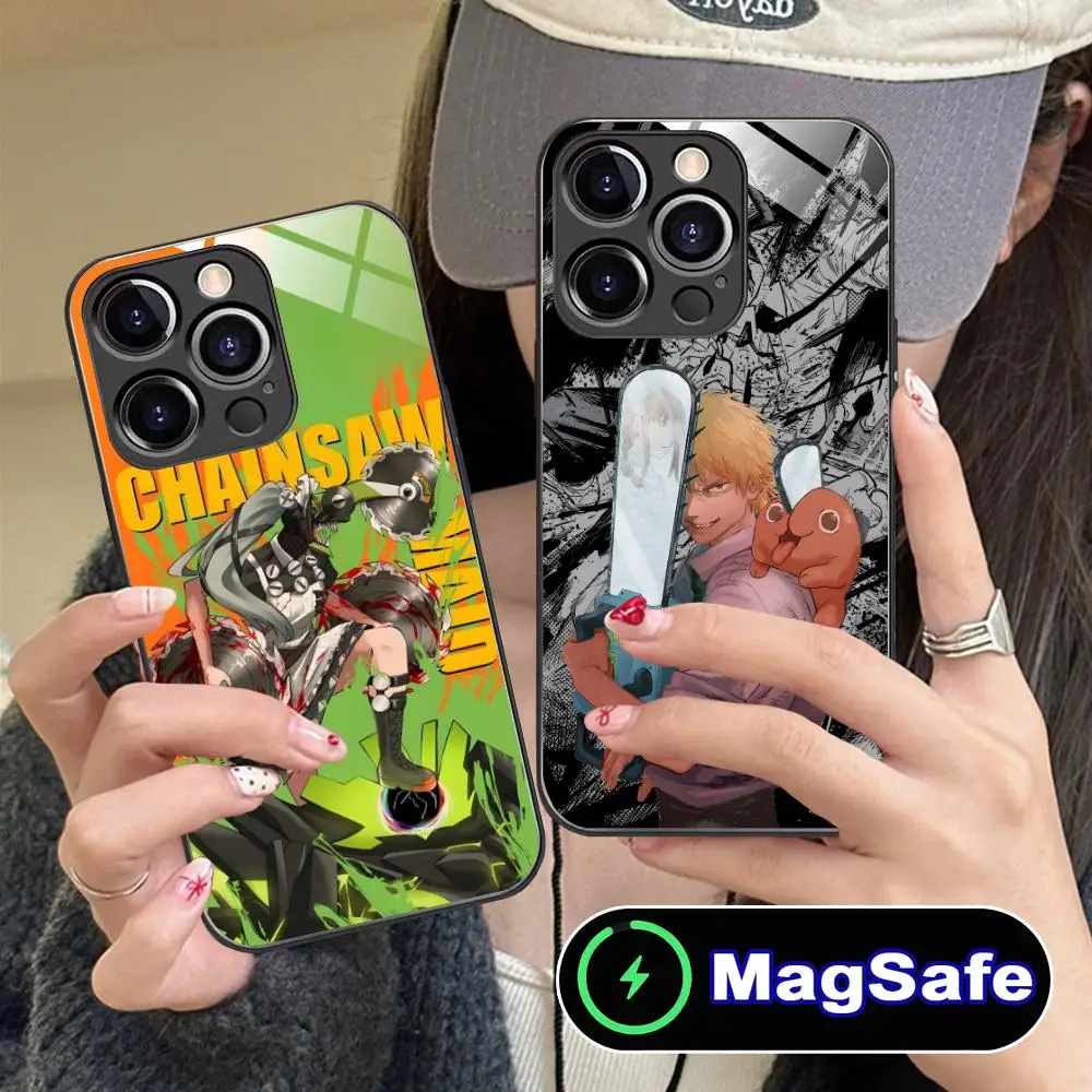 

Чехол для мобильного телефона с бензопилой в стиле аниме для iPhone 16, 15, 14, 13, 12, 11 Pro Max Plus Mini MagSafe, защитное стекло, цветное защитное стекло для мобильных телефонов
