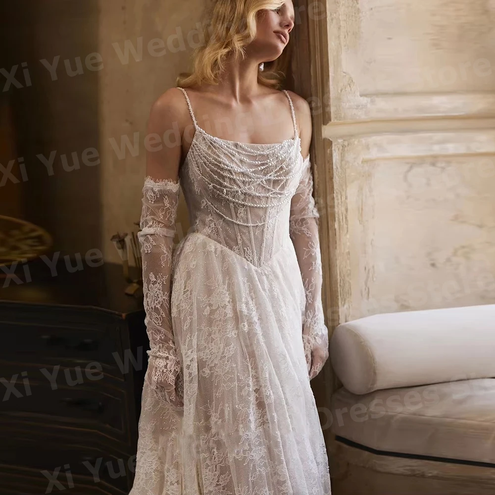 

Charming A Line Women's Lace Spaghetti Strap Sleeveless Wedding Dresses Vestido De Novia Bride Gowns Customized Robe De Mariée