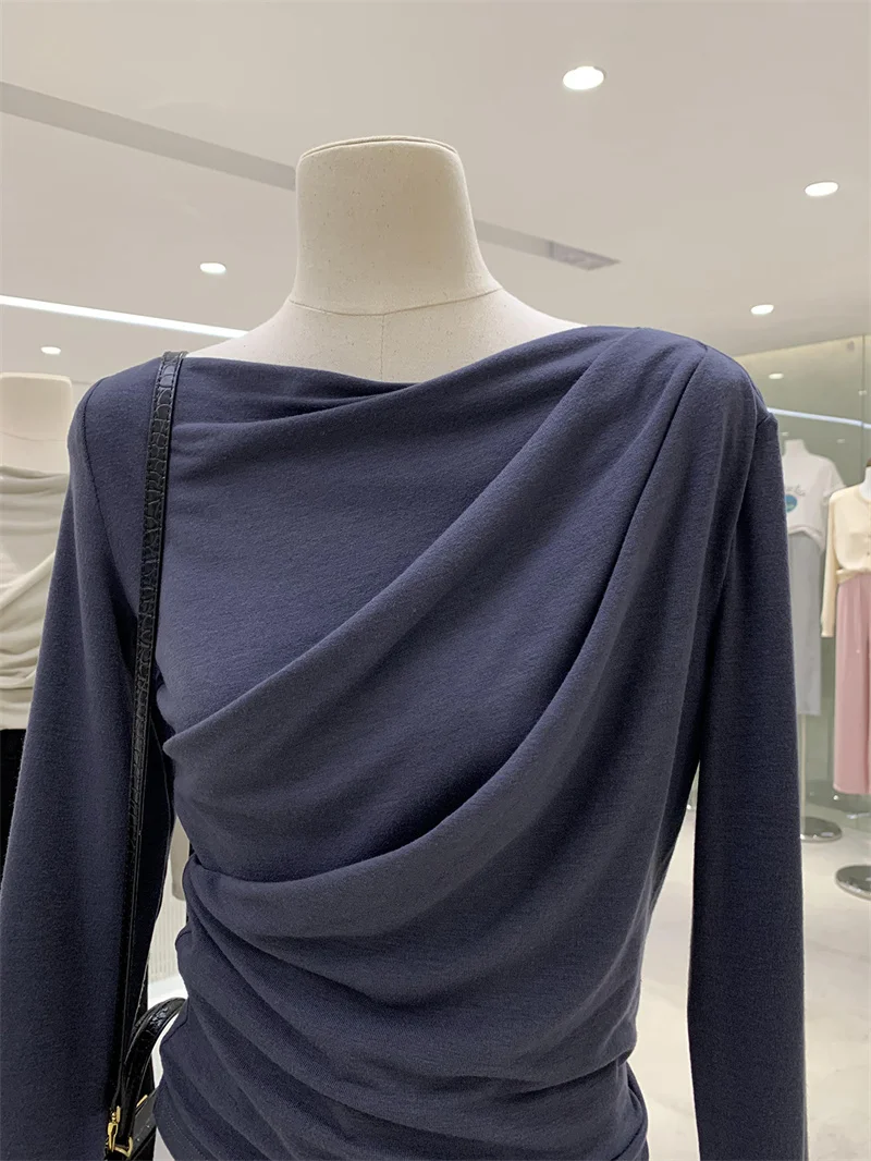 

2025 French Italian Mode Slim Fit Long Sve T-irt Women's Autumn Faionable Pleated Design One oulder Top Sli And Ele