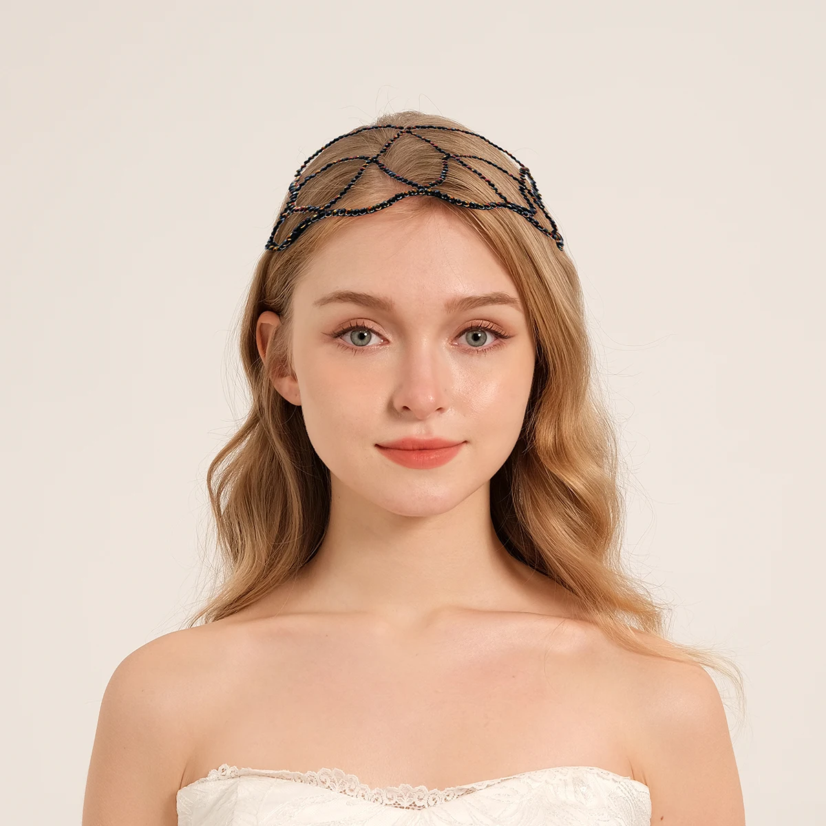 Crystal Beaded Hairnet Braided Fashion Black Women's Hairband Head Crown Bridal Wedding Headpieces Jewelry Accessories 2024 image 2