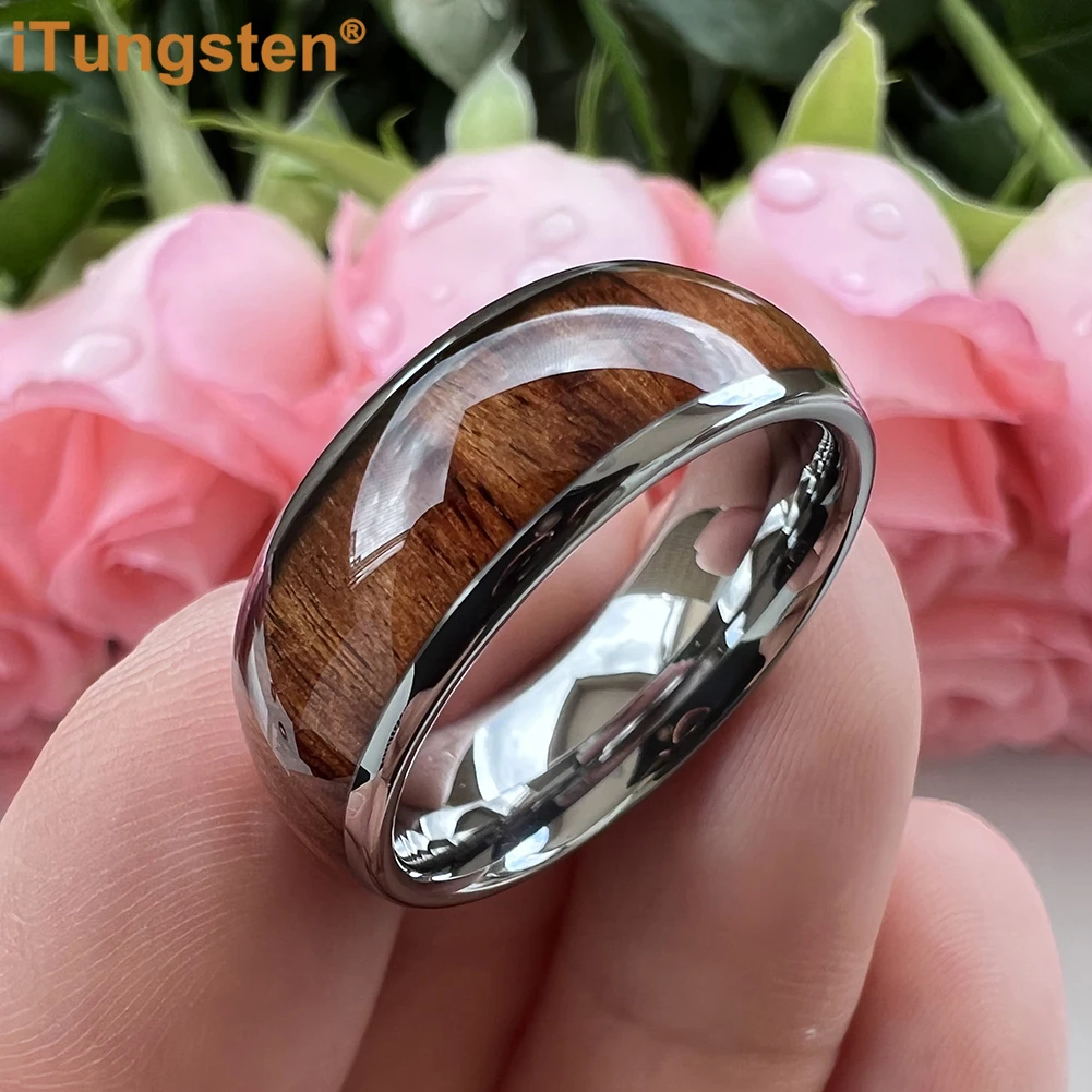 iTungsten 8mm 6mm 4mm Men Women Tungsten Wedding Band Fashion Jewelry Ring With Dark Wood Inlay Domed Polished Comfort Fit