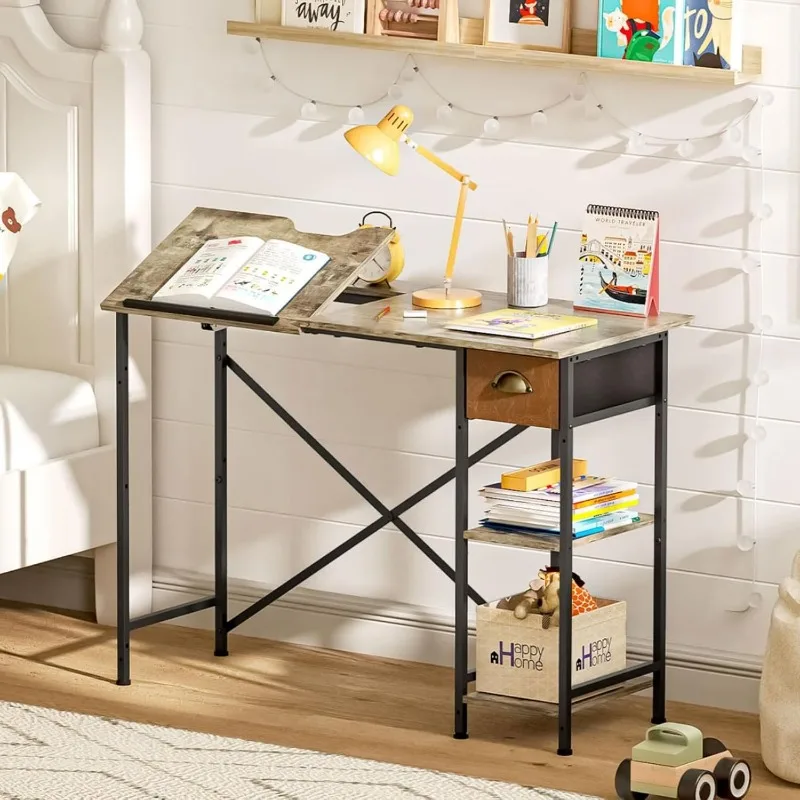 

Compact Tiltable Drafting Table 25.98"H, with Storage Drawer & Shelves - Study Desk for Students/Artists