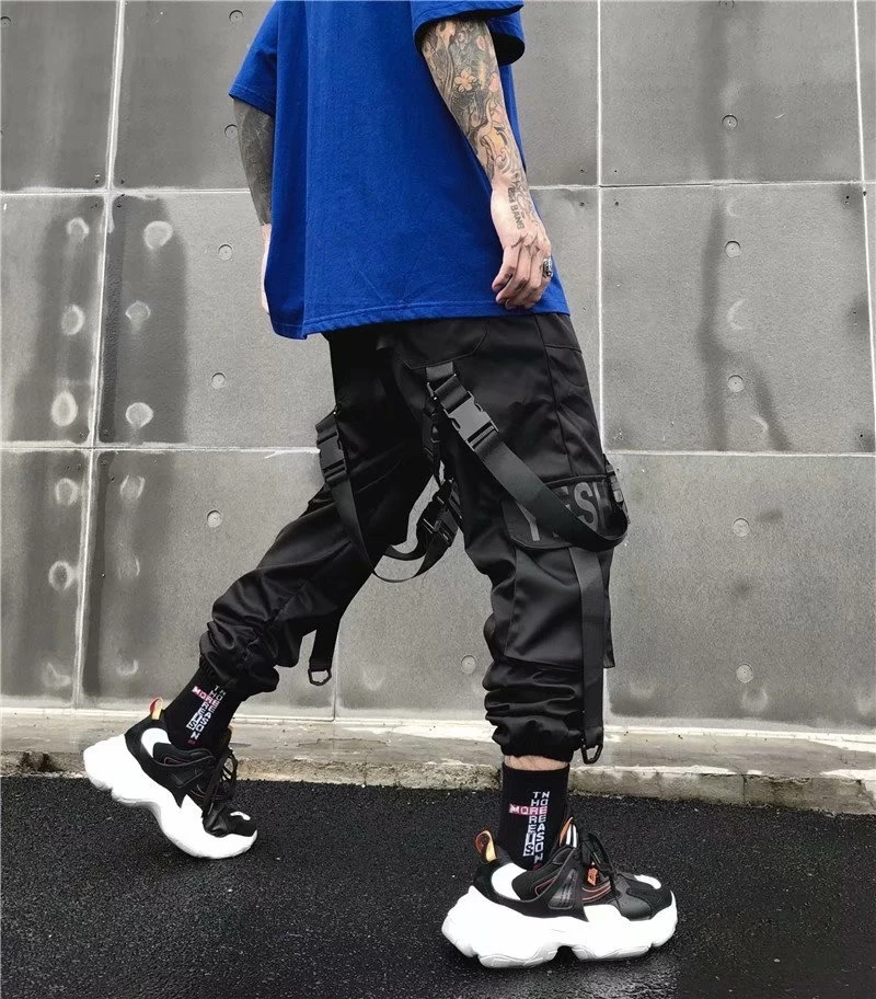 Biegaczy Cargo spodnie dla mężczyzn Casual Hip Hop Hit kolorowy kieszeń męskie spodnie dresowe Streetwear wstążki Techwear spodnie