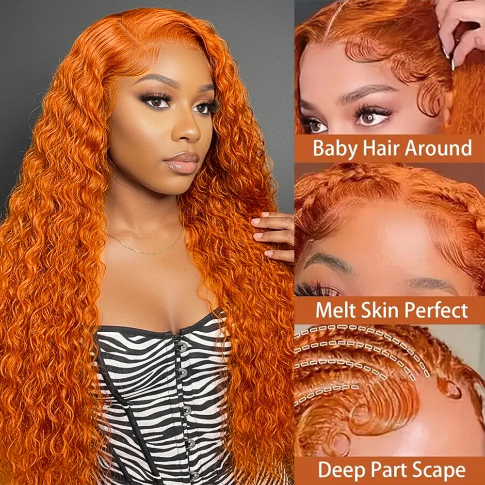 

Парик из натуральных волос Deep Wave Orange Ginger с HD-кружевной передней частью 13x6, 30-36 дюймов, парик с кружевной передней частью 13x4 # 350 цветных кудрявых париков, плотность 200%