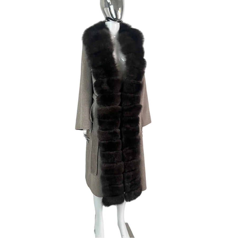 Autumn Winter Removable Oversized Fox Fur Collar Women Wool Coat Long Fur Jacket Luxury High Quality