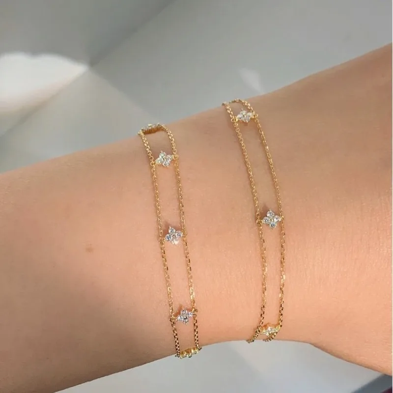 

CCFJOYAS стерлингового серебра 925 пробы, двухслойный четыре мини-браслета с цветком для девочек, изысканный темпераментный браслет-цепочка, ювелирное изделие, подарок