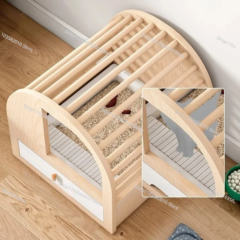 Halbgeschlossene Katzenklo-Box aus Massivholz mit Schublade, Multifunktionale Katzentoilette mit Hohldesign, Luftiges Katzenbett