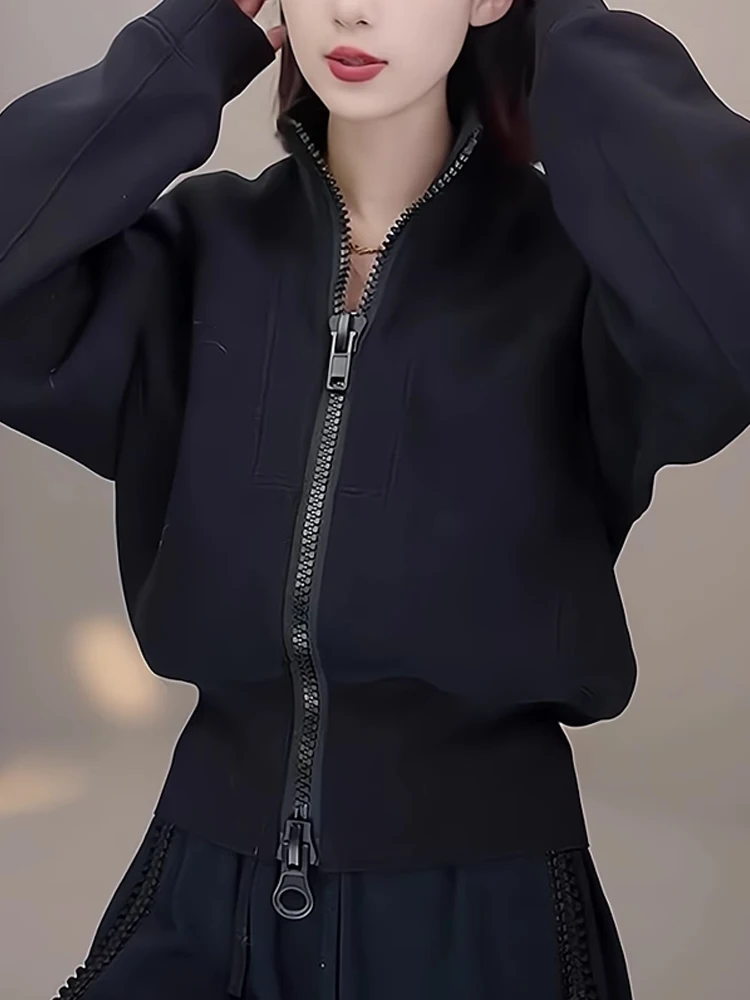 

Trendy Long Sleeve Thickened Sweatshirt Double Zipper Design Slimming Waist Women's Fashion Outerwear Cardigan Winter Style
