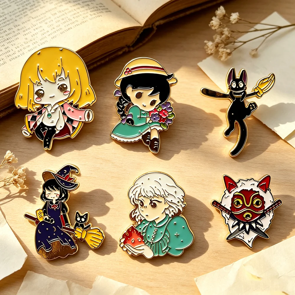 6 Stück japanische Cartoon-Emaille-Pins, Metallbrosche, niedliches Waldelf-Abzeichen, Fantasy-Animationsfilm-Liebhaber-Accessoire – Detail 2