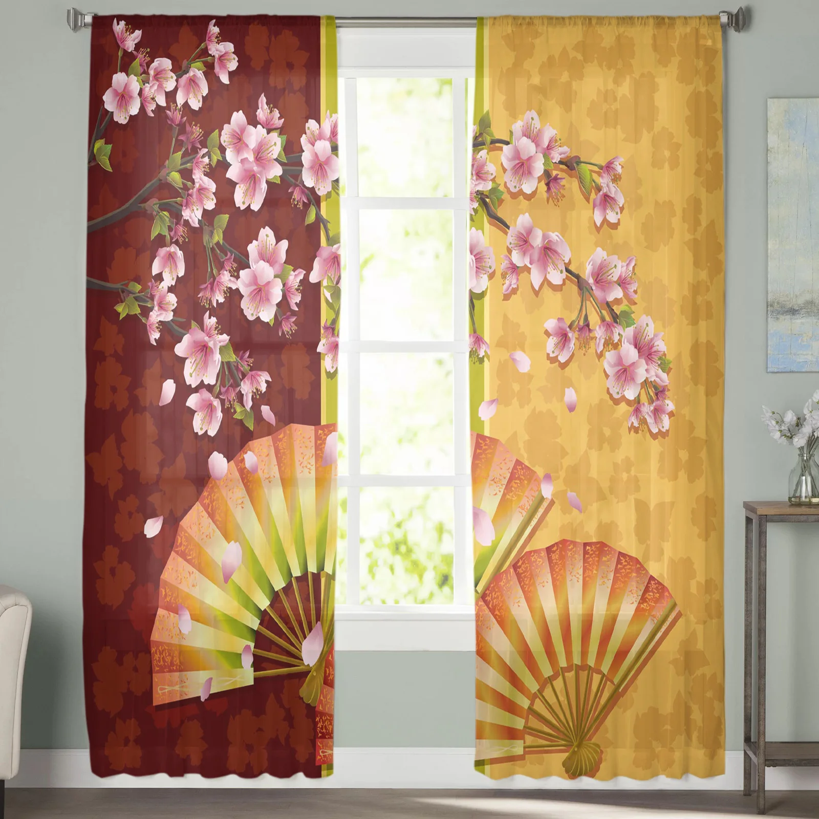 Illustration of Japanese Cherry Tree Fan Sheer Curtains for Living Room Children's Bedroom Curtains Kitchen Dining Room Curtains