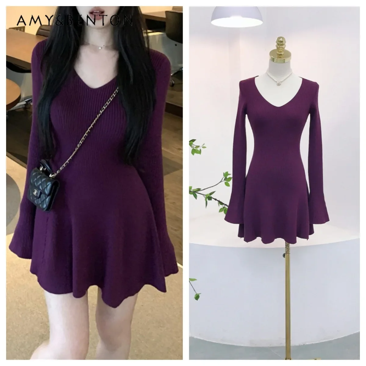 Autumn Winter V-neck Solid Color Horn Sleeve Slim Sexy Knitted A-line Dress for Women Korean Trend Temperament Ladies Mini Dress