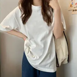 Women Korean Style T-shirt Solid Color M-XXL Oversized Tops Harajuku Simple Basic Tee Feminina White Fashion Casual O-neck Shirt