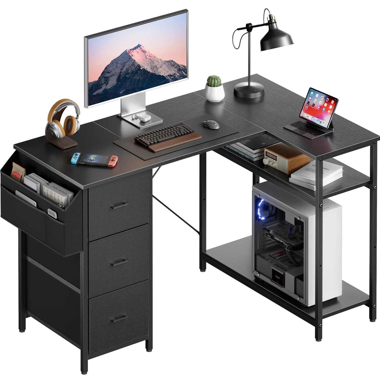 Corner Table with 3 Fabric-lined Drawers and Storage Pouches, Computer Corner Desk with Shelving, Suitable for Offices and Home Offices, Available in 4 Colours