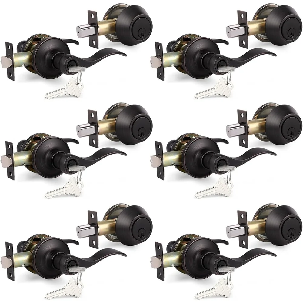 Oil Rubbed Bronze Door Lever Deadbolt Sets Keyed Alike Entry Hardware Exterior Doors Single Cylinder Lock Set 6 Packs