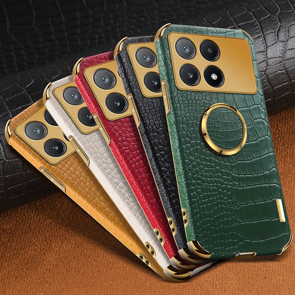 Leather Phone Case For Xiaomi Poco F6 Pro F6pro 2024 6.67inch Ring Stand PocoF6pro poko F 6 6pro poxoF6 Electroplated Crocodile