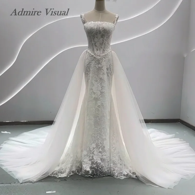 Admire Visual Wedding Dress Mermaid Lace 2 in 1  Square Neckline Sleeveless With Detachable Tain Customized Bride Gowns
