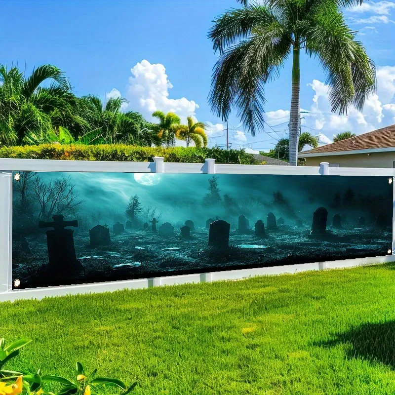 Spooky Graveyard Theme Decorative Banner - Large Rectangular Aesthetic Illustration Indoor Outdoor Wall Backdrop