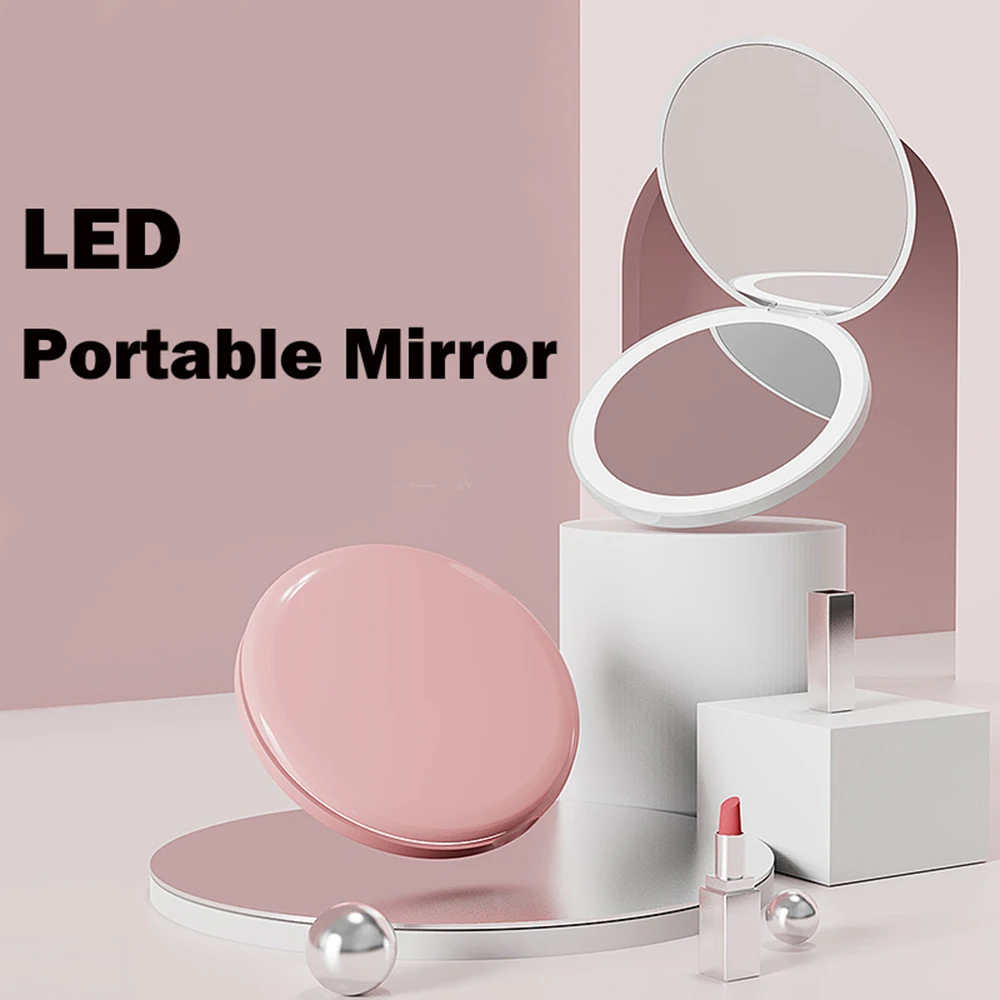 LED Lighted Travel Makeup Mirror 3x Magnification Compact Mirror Portable Handheld Folding Battery Cosmetics Mirror For Handbag