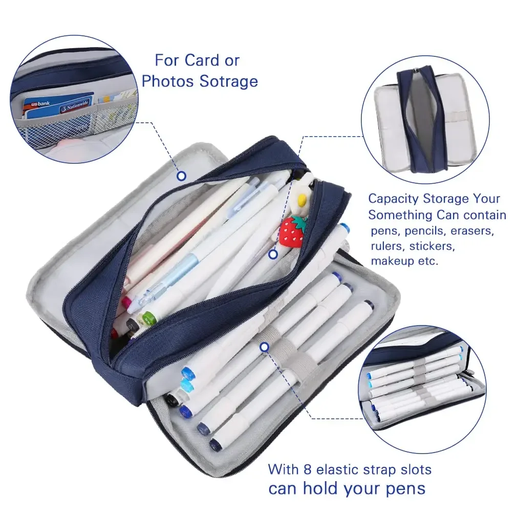 Pencil Case Large Space Storage 3 Compartment Pouch Double Side Opened Student Stationery Desk Organizer School Supplies view 4