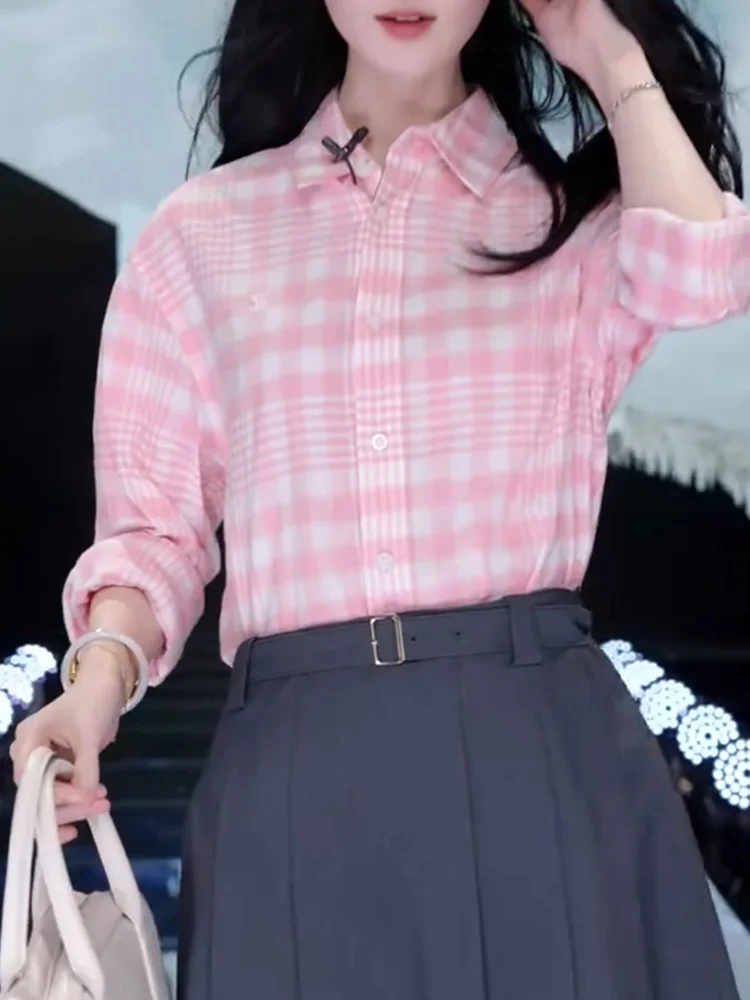 

Корейская клетчатая рубашка с воротником в стиле SLE, универсальный топ больших размеров, стройнящий и омолаживающий, для осеннего сезона, женская мода